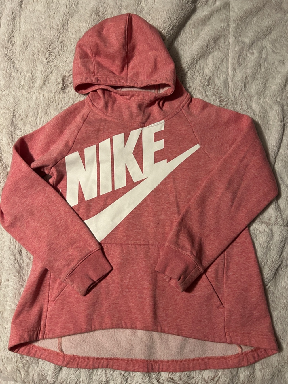 Girls Nike Heather Pink Pullover Hoodie with White Logo